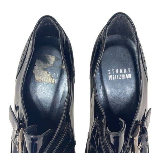 Stuart Weitzman patent leather Oxford Wingtip Heels Boot Buckle, Sz 9, 4.5” Heel - Picture 4 of 15